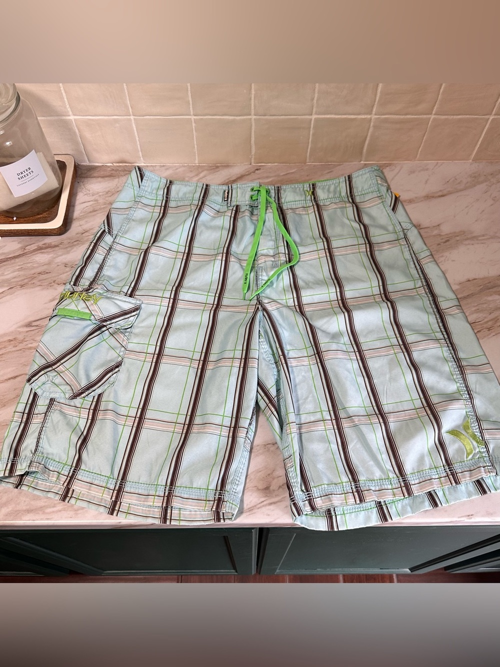 Hurley Board Shorts Mens 36 Blue Plaid Swim Trunks Drawstring Pocket Quick Dry